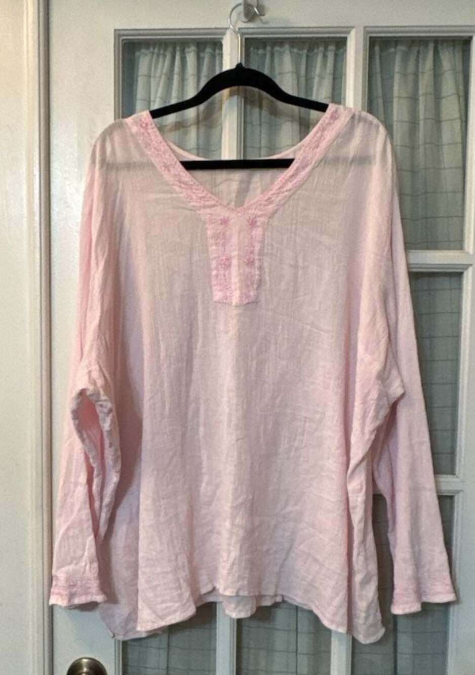 Women's Pink Linen blend V-Neck Tunic Top with beaded Trim